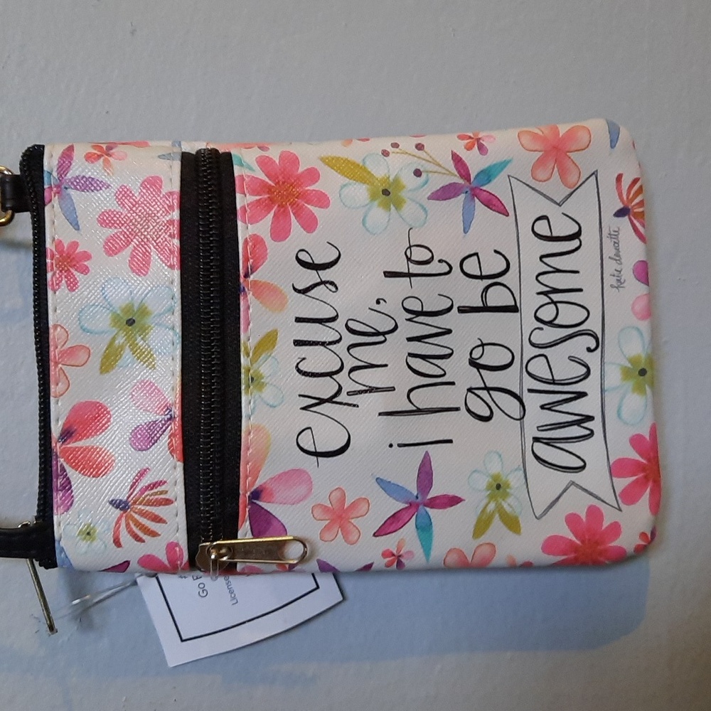 Excuse Me I'm Awesome Crossbody Purse Bag  Floral Bird Design Zipper Closure NWT